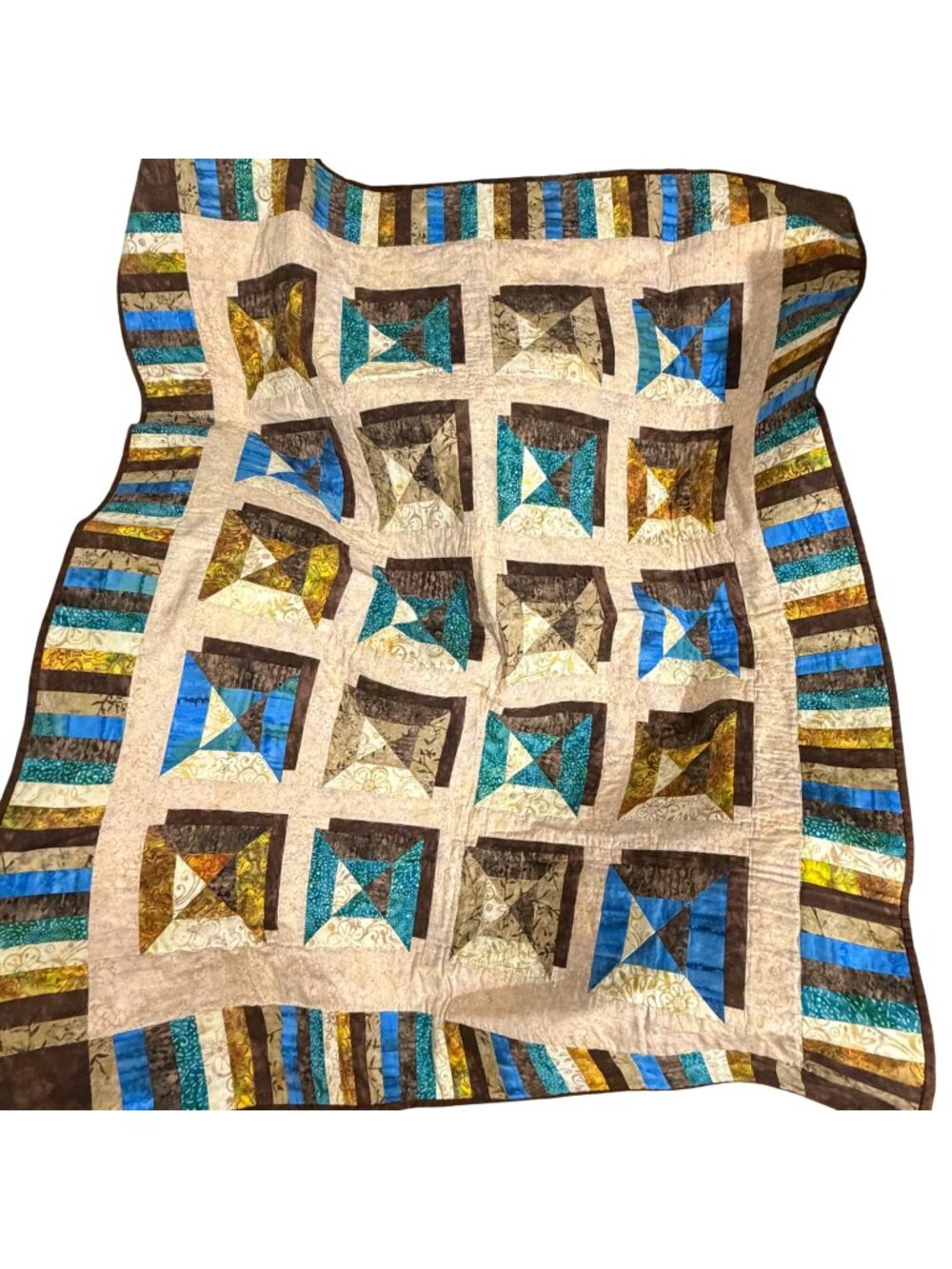 Handmade Patchwork Quilt With Blue/Brown Geometric Design Couch/Throw Blanket